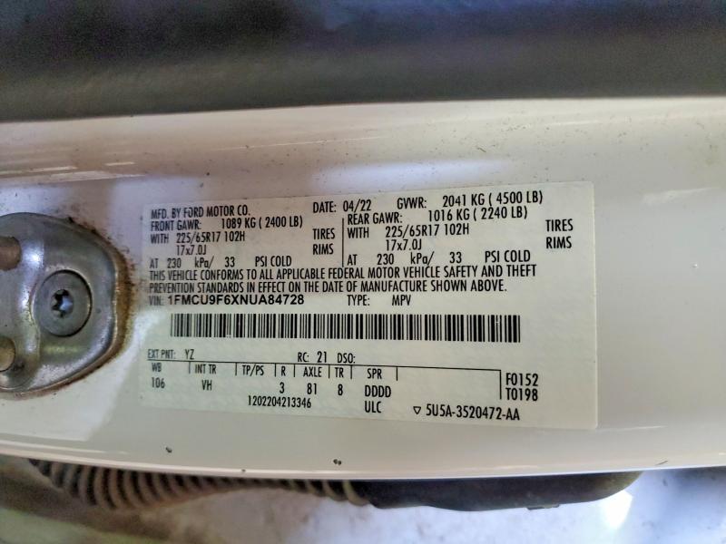 Aukcja sprzedaży 2022 Ford Escape, vin: 1FMCU9F6XNUA84728, numer aukcji: 76738995