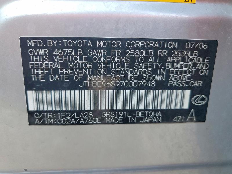 Продаж на аукціоні авто 2007 Lexus Gs 350, vin: JTHBE96S970007948, номер лоту: 75962515