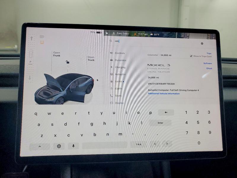 2024 Tesla Model 3 მანქანა იყიდება აუქციონზე, vin: 5YJ3E1EB4RF755309, აუქციონის ნომერი: 76257235