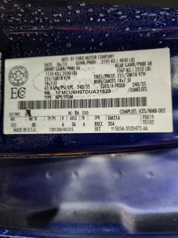 2013 Ford Escape მანქანა იყიდება აუქციონზე, vin: 1FMCU9H97DUA31829, აუქციონის ნომერი: 77678135