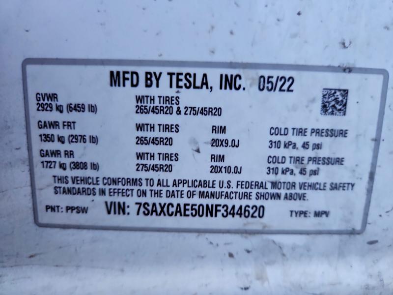 Продажа на аукционе авто 2022 Tesla Model X, vin: 7SAXCAE50NF344620, номер лота: 74758575