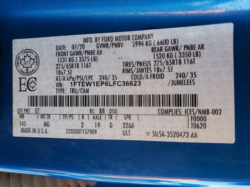 Aukcja sprzedaży 2020 Ford F150, vin: 1FTEW1EP6LFC36623, numer aukcji: 78688765