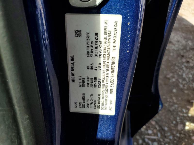 2021 Tesla Model 3 მანქანა იყიდება აუქციონზე, vin: 5YJ3E1EB1MF878431, აუქციონის ნომერი: 77714325