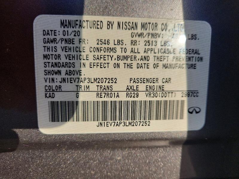 76244335 :رقم المزاد ، JN1EV7AP3LM207252 vin ، 2020 Infiniti Q50 مزاد بيع