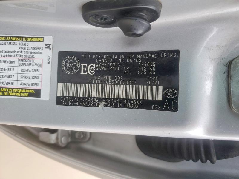 2009 Toyota Corolla მანქანა იყიდება აუქციონზე, vin: 2T1BE40E69C020317, აუქციონის ნომერი: 78095865