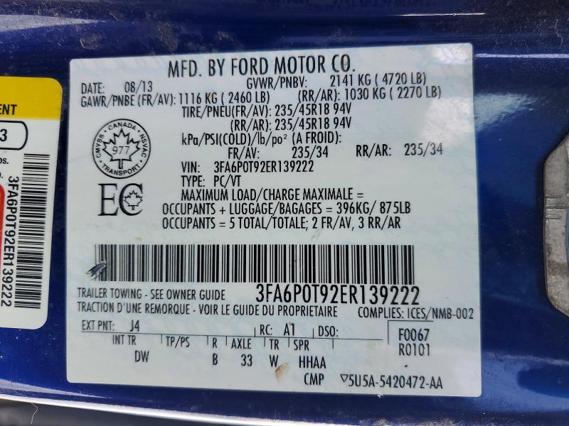 2014 Ford Fusion მანქანა იყიდება აუქციონზე, vin: 3FA6P0T92ER139222, აუქციონის ნომერი: 76004195