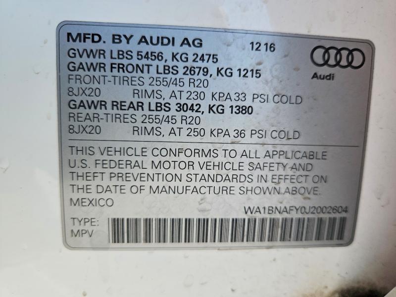 2018 Audi Q5 მანქანა იყიდება აუქციონზე, vin: WA1BNAFY0J2002604, აუქციონის ნომერი: 74924545