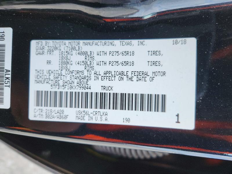 78702355 :رقم المزاد ، 5TFBY5F10KX799044 vin ، 2019 Toyota Tundra مزاد بيع