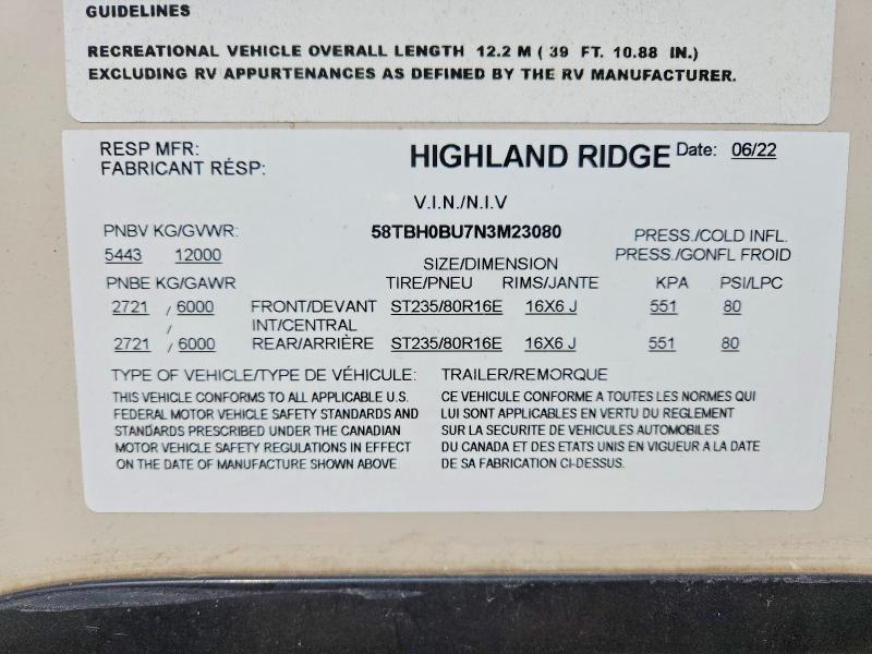 Продажа на аукционе авто 2022 Highland Ridge Mesa Ridge, vin: 58TBH0BU7N3M23080, номер лота: 75284895
