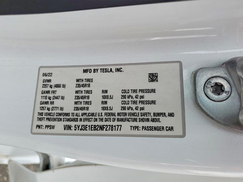 77218085 :رقم المزاد ، 5YJ3E1EB2NF278177 vin ، 2022 Tesla Model 3 مزاد بيع