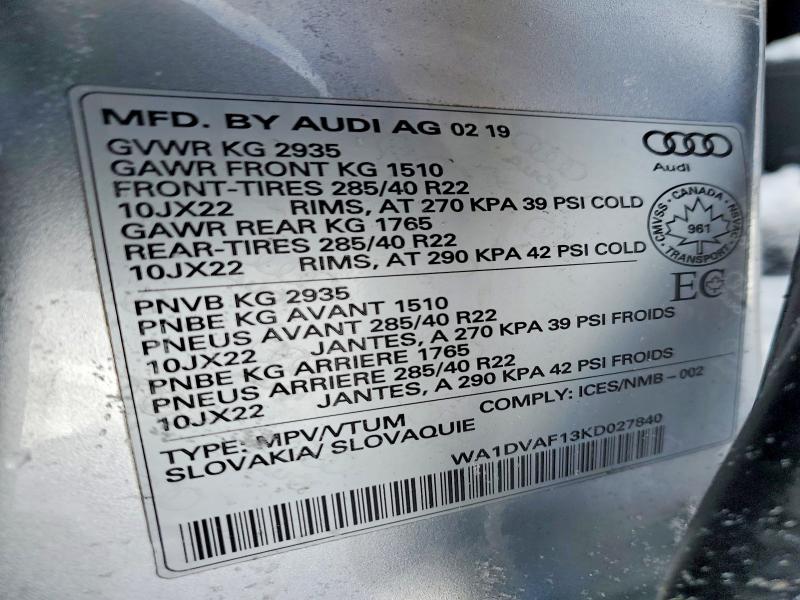 Продажа на аукционе авто 2019 Audi Q8, vin: WA1DVAF13KD027840, номер лота: 78348695