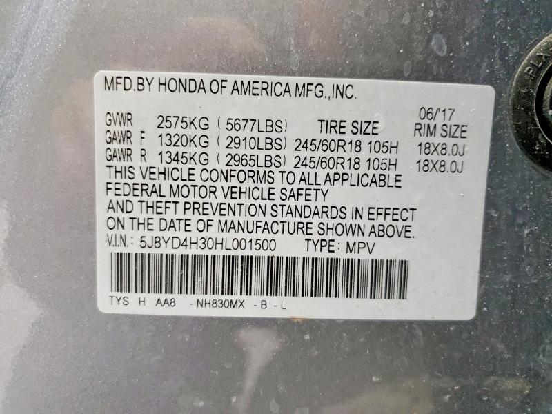 76252005 :رقم المزاد ، 5J8YD4H30HL001500 vin ، 2017 Acura Mdx مزاد بيع