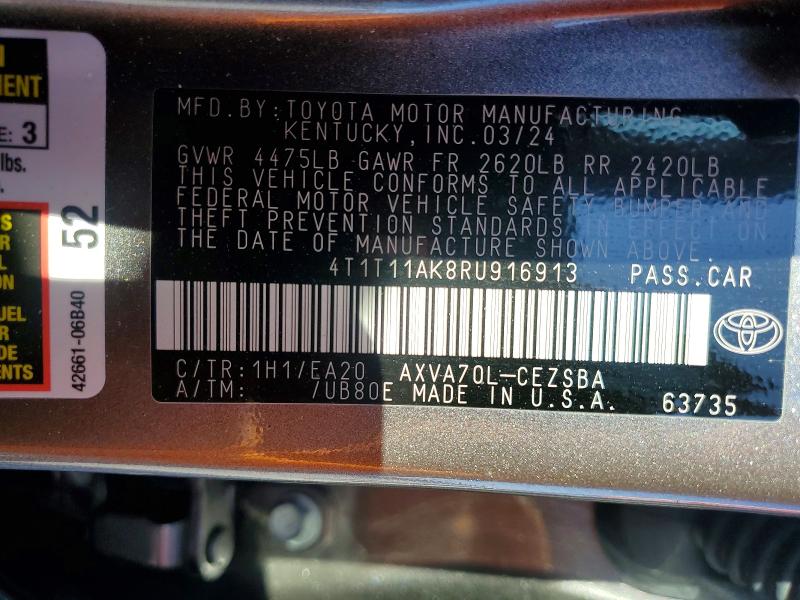78245585 :رقم المزاد ، 4T1T11AK8RU916913 vin ، 2024 Toyota Camry مزاد بيع