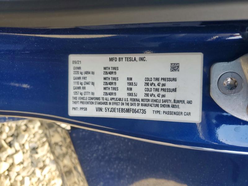 2021 Tesla Model 3 მანქანა იყიდება აუქციონზე, vin: 5YJ3E1EB5MF064735, აუქციონის ნომერი: 77515955