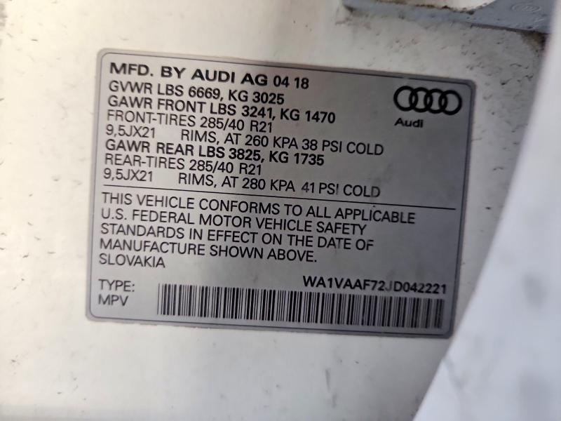 78265555 :رقم المزاد ، WA1VAAF72JD042221 vin ، 2018 Audi Q7 مزاد بيع
