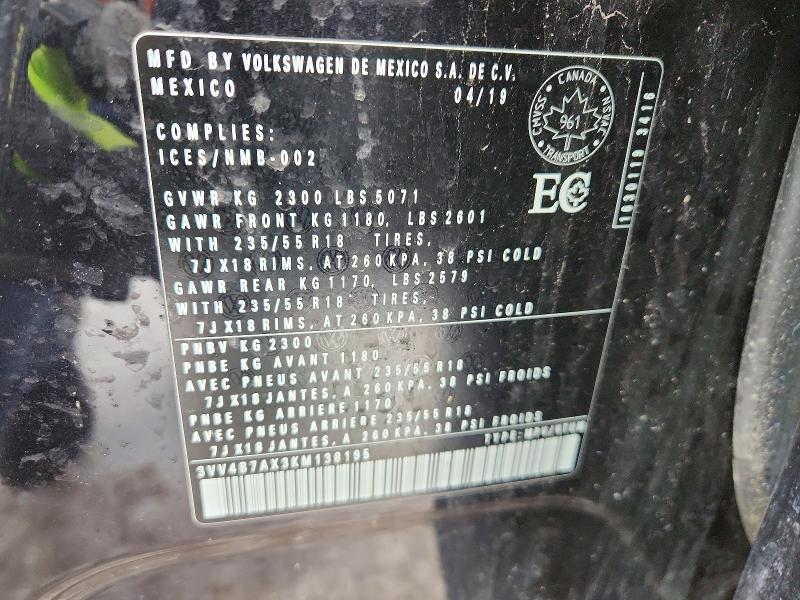 Aukcja sprzedaży 2019 Volkswagen Tiguan, vin: 3VV4B7AX3KM138195, numer aukcji: 78338175