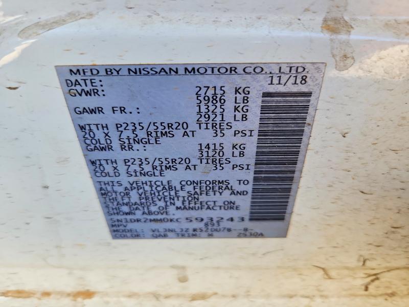 2019 Nissan Pathfinder მანქანა იყიდება აუქციონზე, vin: 5N1DR2MM0KC593243, აუქციონის ნომერი: 76142685