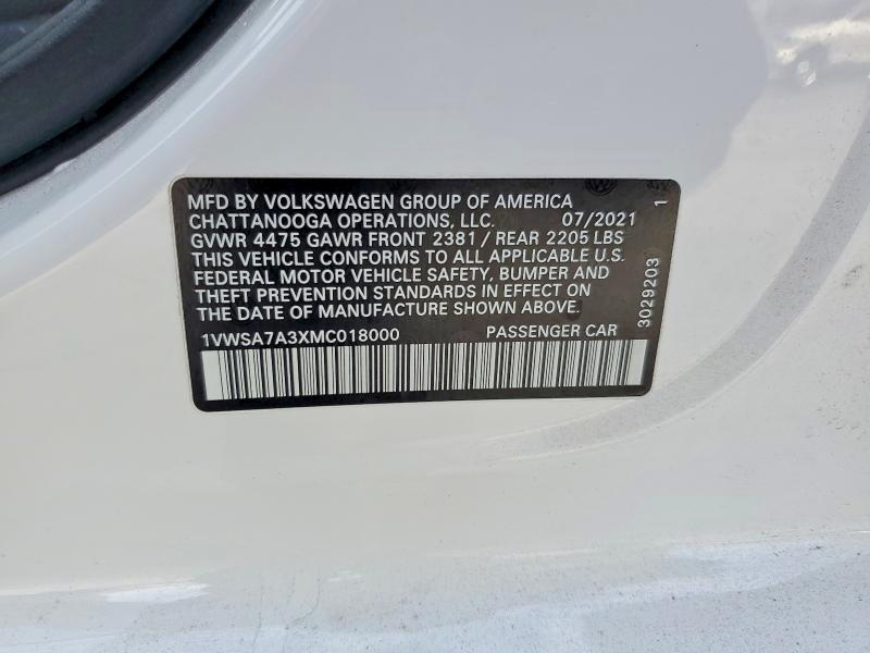 77708005 :رقم المزاد ، 1VWSA7A3XMC018000 vin ، 2021 Volkswagen Passat مزاد بيع