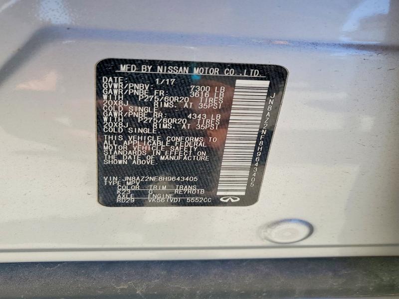 75731435 :رقم المزاد ، JN8AZ2NF8H9643405 vin ، 2017 Infiniti Qx80 Base مزاد بيع