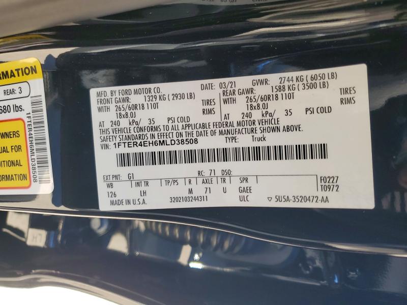 2021 Ford Ranger მანქანა იყიდება აუქციონზე, vin: 1FTER4EH6MLD38508, აუქციონის ნომერი: 75446495