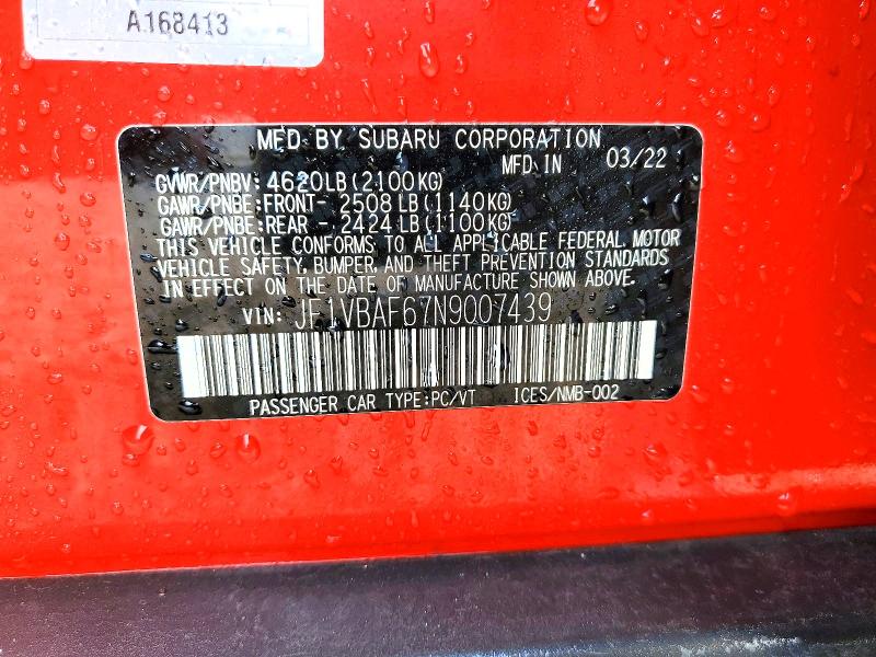 2022 Subaru Wrx მანქანა იყიდება აუქციონზე, vin: JF1VBAF67N9007439, აუქციონის ნომერი: 77915385