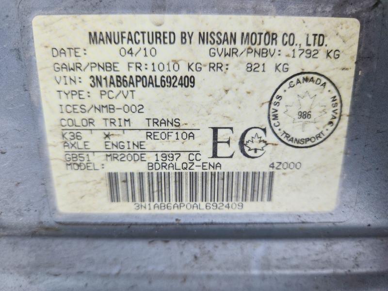 78597625 :رقم المزاد ، 3N1AB6AP0AL692409 vin ، 2010 Nissan Sentra مزاد بيع