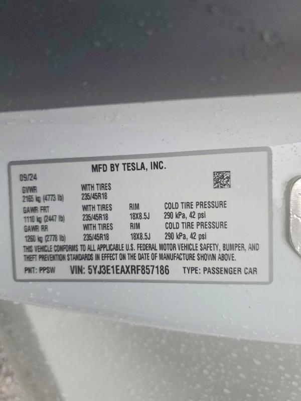 Продаж на аукціоні авто 2024 Tesla Model 3, vin: 5YJ3E1EAXRF857186, номер лоту: 77741985