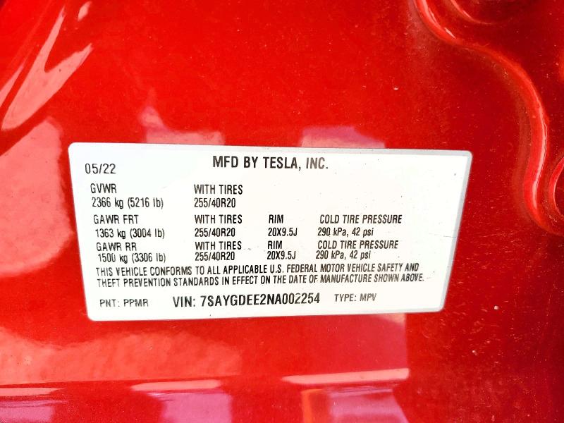 Aukcja sprzedaży 2022 Tesla Model Y, vin: 7SAYGDEE2NA002254, numer aukcji: 77901835