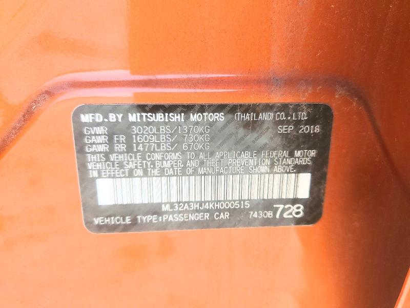 Aukcja sprzedaży 2019 Mitsubishi Mirage, vin: ML32A3HJ4KH000515, numer aukcji: 75936795