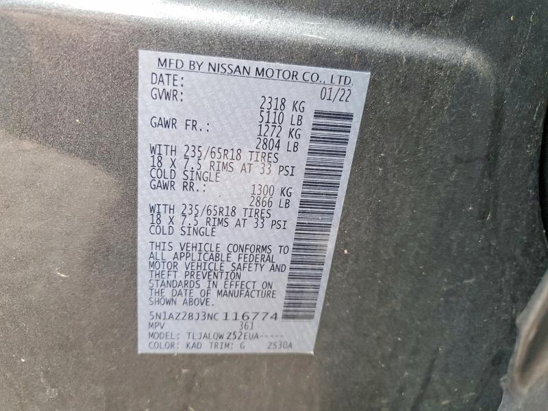 77581145 :رقم المزاد ، 5N1AZ2BJ3NC116774 vin ، 2022 Nissan Murano مزاد بيع