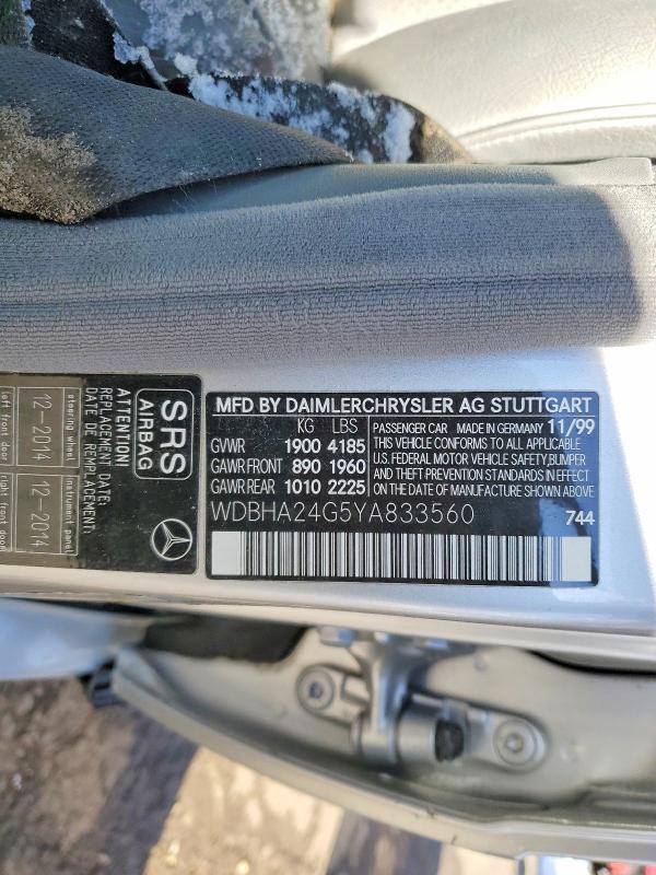 2000 Mercedes Benz C მანქანა იყიდება აუქციონზე, vin: WDBHA24G5YA833560, აუქციონის ნომერი: 78962295
