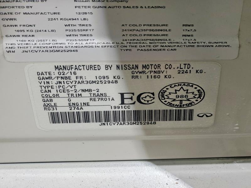 2016 Infiniti Q50 მანქანა იყიდება აუქციონზე, vin: JN1CV7AR3GM252948, აუქციონის ნომერი: 78156275