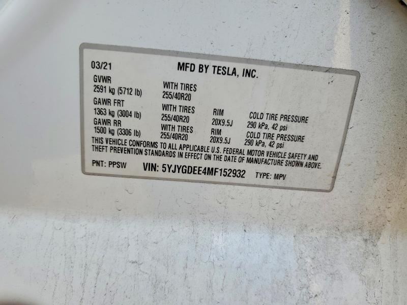 Продажа на аукционе авто 2021 Tesla Model Y, vin: 5YJYGDEE4MF152932, номер лота: 77747955