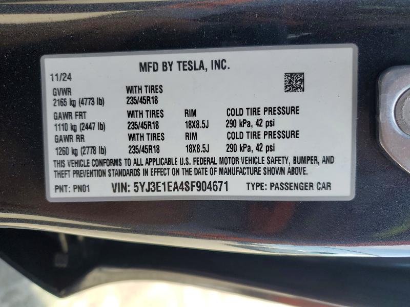 Aukcja sprzedaży 2025 Tesla Model 3, vin: 5YJ3E1EA4SF904671, numer aukcji: 78549235