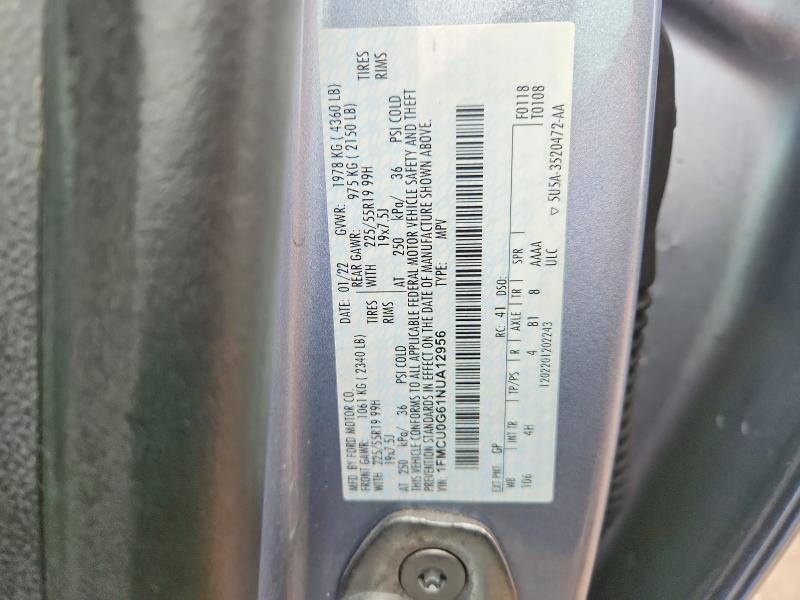 Aukcja sprzedaży 2022 Ford Escape, vin: 1FMCU0G61NUA12956, numer aukcji: 78329735