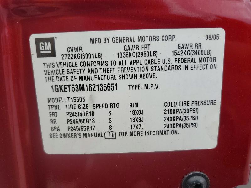 Aukcja sprzedaży 2006 Gmc Envoy, vin: 1GKET63M162135651, numer aukcji: 77229505