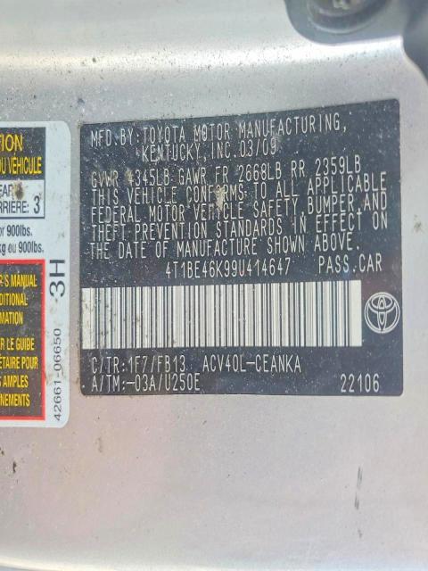 2009 Toyota Camry მანქანა იყიდება აუქციონზე, vin: 4T1BE46K99U414647, აუქციონის ნომერი: 76478405