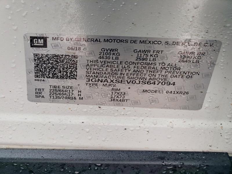 Aukcja sprzedaży 2018 Chevrolet Equinox, vin: 3GNAXSEV0JS647094, numer aukcji: 78504985