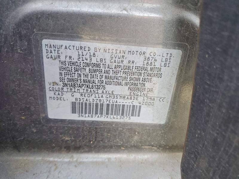 76208595 :رقم المزاد ، 3N1AB7AP7KL613275 vin ، 2019 Nissan Sentra مزاد بيع