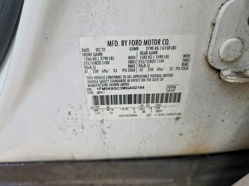 76893755 :رقم المزاد ، 1FM5K8GC3MGA92194 vin ، 2021 Ford Explorer مزاد بيع