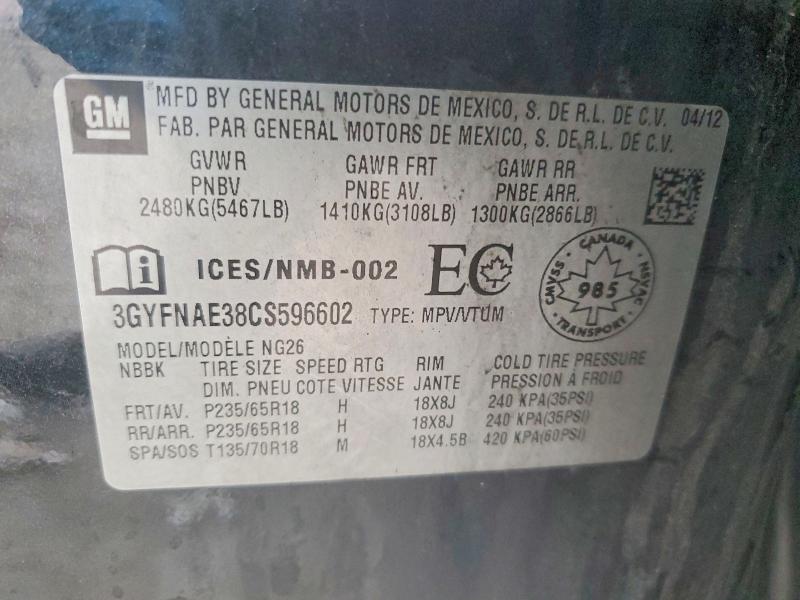 75983415 :رقم المزاد ، 3GYFNAE38CS596602 vin ، 2012 Cadillac Srx مزاد بيع