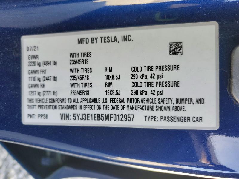 Продаж на аукціоні авто 2021 Tesla Model 3, vin: 5YJ3E1EB5MF012957, номер лоту: 76030135