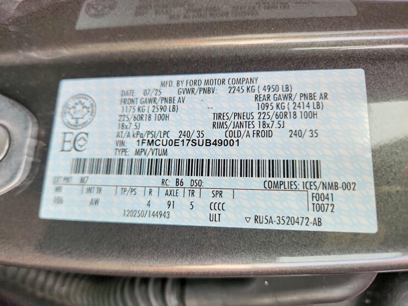 Продаж на аукціоні авто 2025 Ford Escape, vin: 1FMCU0E17SUB49001, номер лоту: 77217595