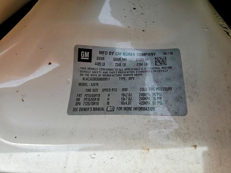 76921405 :رقم المزاد ، KL4CJGSB3GB689011 vin ، 2016 Buick Encore مزاد بيع