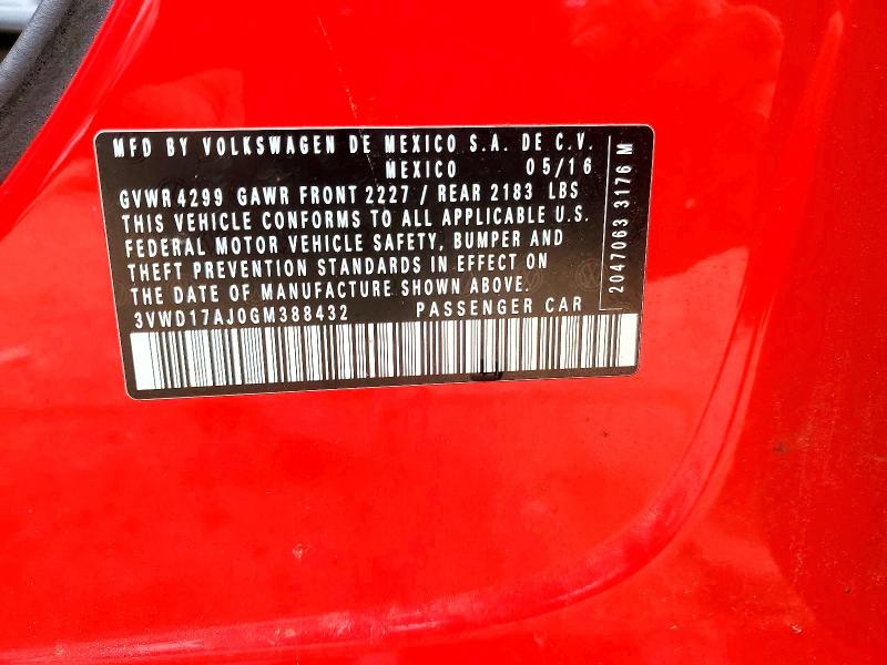 2016 Volkswagen Jetta მანქანა იყიდება აუქციონზე, vin: 3VWD17AJ0GM388432, აუქციონის ნომერი: 77358025