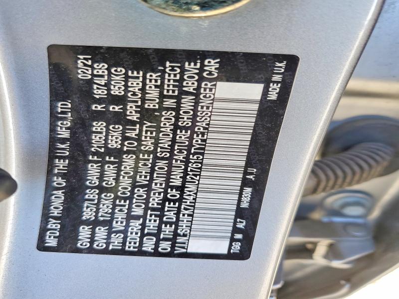 Продажа на аукционе авто 2021 Honda Civic, vin: SHHFK7H4XMU217615, номер лота: 76806015