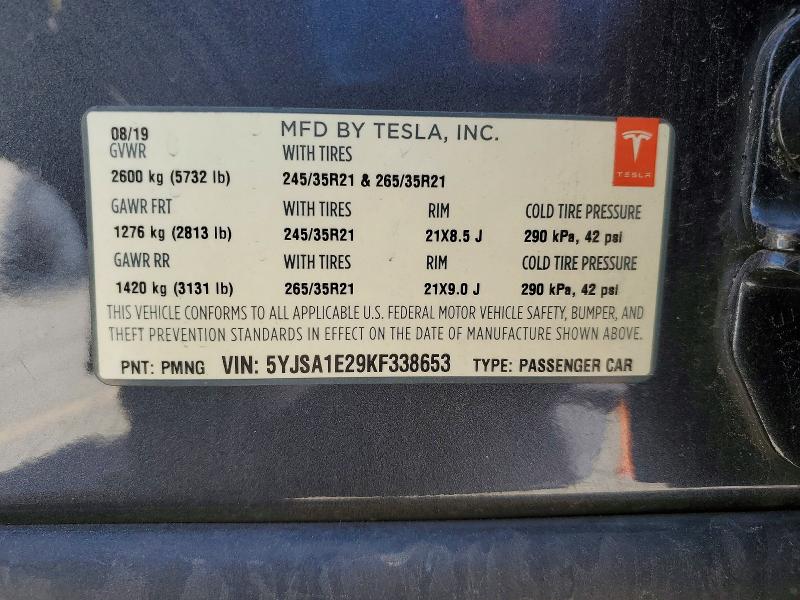 2019 Tesla Model S მანქანა იყიდება აუქციონზე, vin: 5YJSA1E29KF338653, აუქციონის ნომერი: 77714465