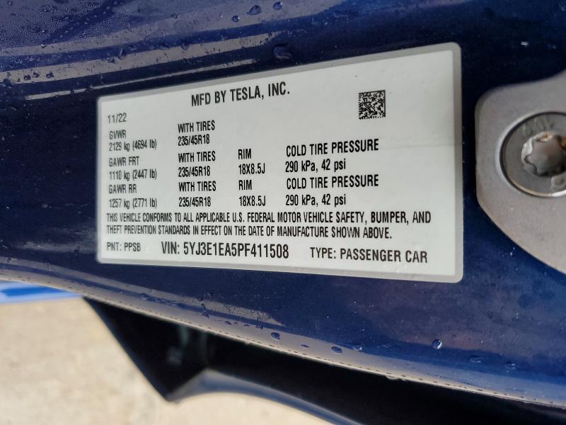 Продаж на аукціоні авто 2023 Tesla Model 3, vin: 5YJ3E1EA5PF411508, номер лоту: 77316855