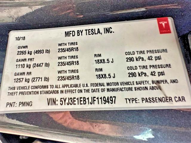 2018 Tesla Model 3 მანქანა იყიდება აუქციონზე, vin: 5YJ3E1EB1JF119497, აუქციონის ნომერი: 75957515