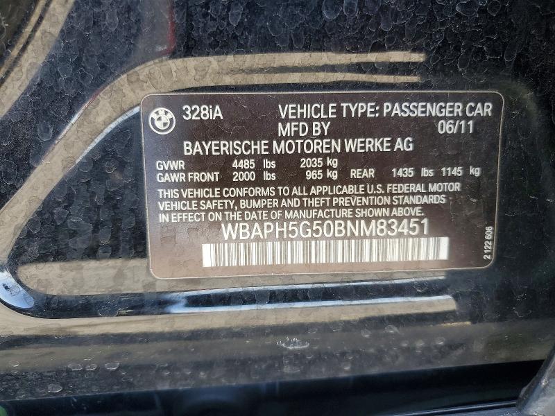 2011 Bmw 328 მანქანა იყიდება აუქციონზე, vin: WBAPH5G50BNM83451, აუქციონის ნომერი: 78871095